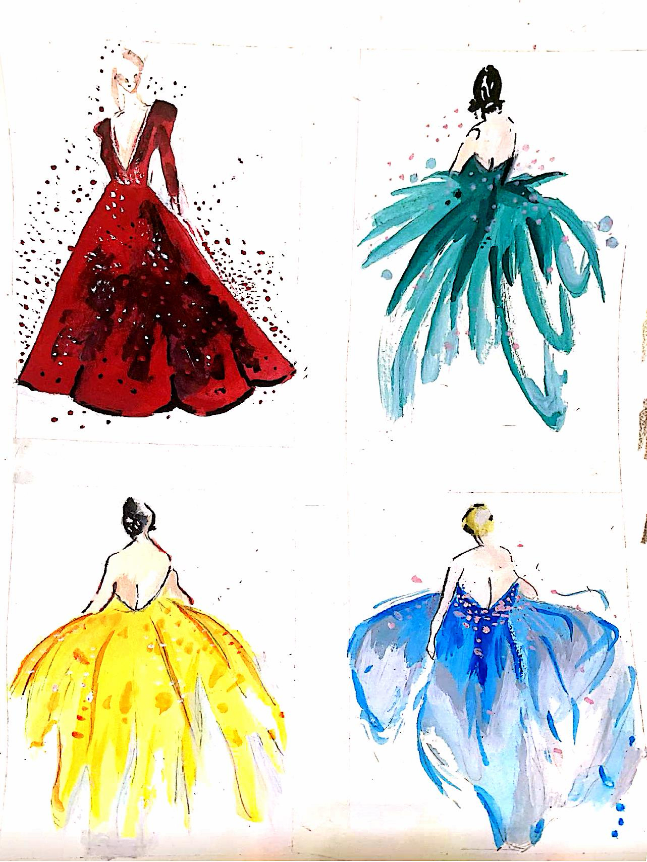 Four watercolor fashion illustrations, one for each season